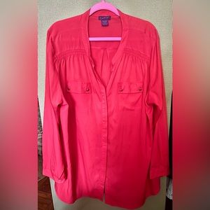 Red Long-Sleeved Button Down Blouse with 2 Button Flap Breast Pockets
